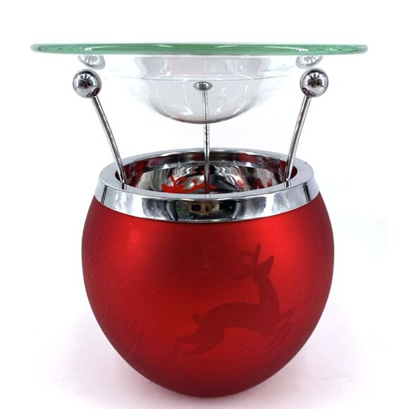 Slatkin & Co Dancing Tealight Oil Warmer Frosted Reindeer Red Glass 5" Tall - Picture 3 of 9